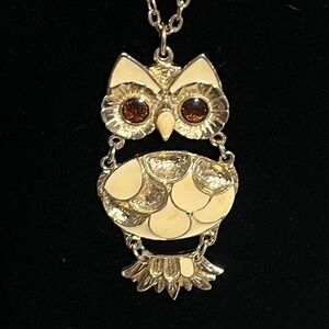 Gold Tone Owl Pendant Necklace Amber Color Eyes Enameled Body Long Chain Women